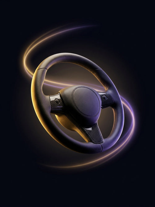 Método Volante Flip: guía digital con volante deportivo dinámico envuelto en un halo de energía dorada y violeta